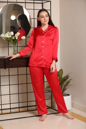 Red Satin Classic Collar Night suit