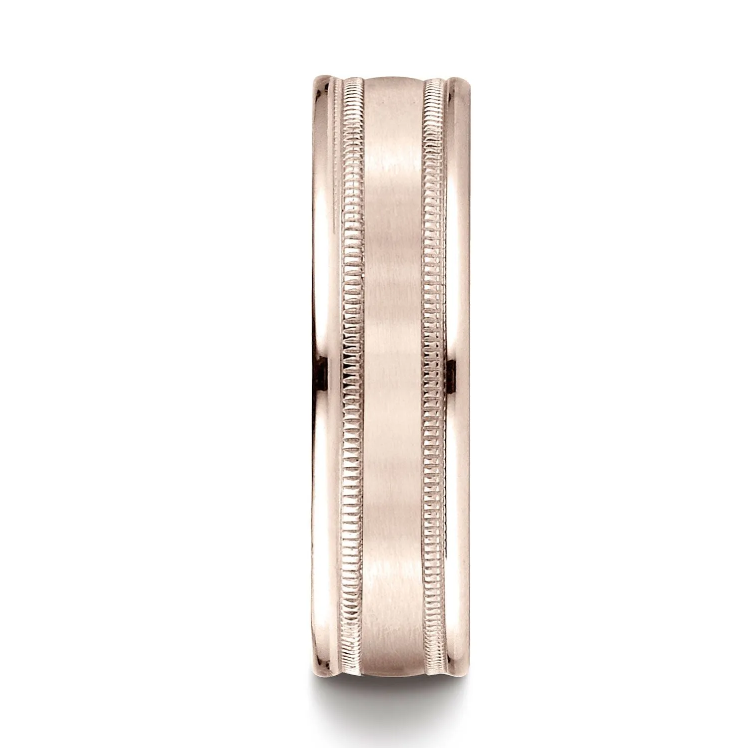 14k Rose Gold 6mm Comfort-fit Satin Finish Center With Milgrain Round Edge Carved Design Band