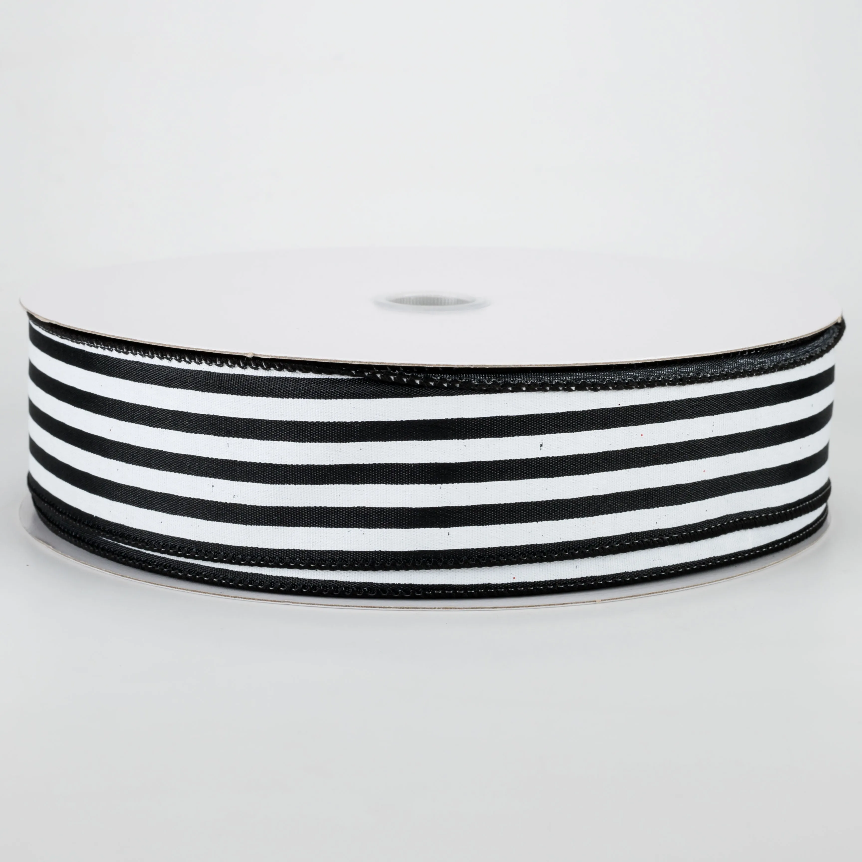 1.5" Cabana Stripes Ribbon: White on Black Satin (50 Yards)