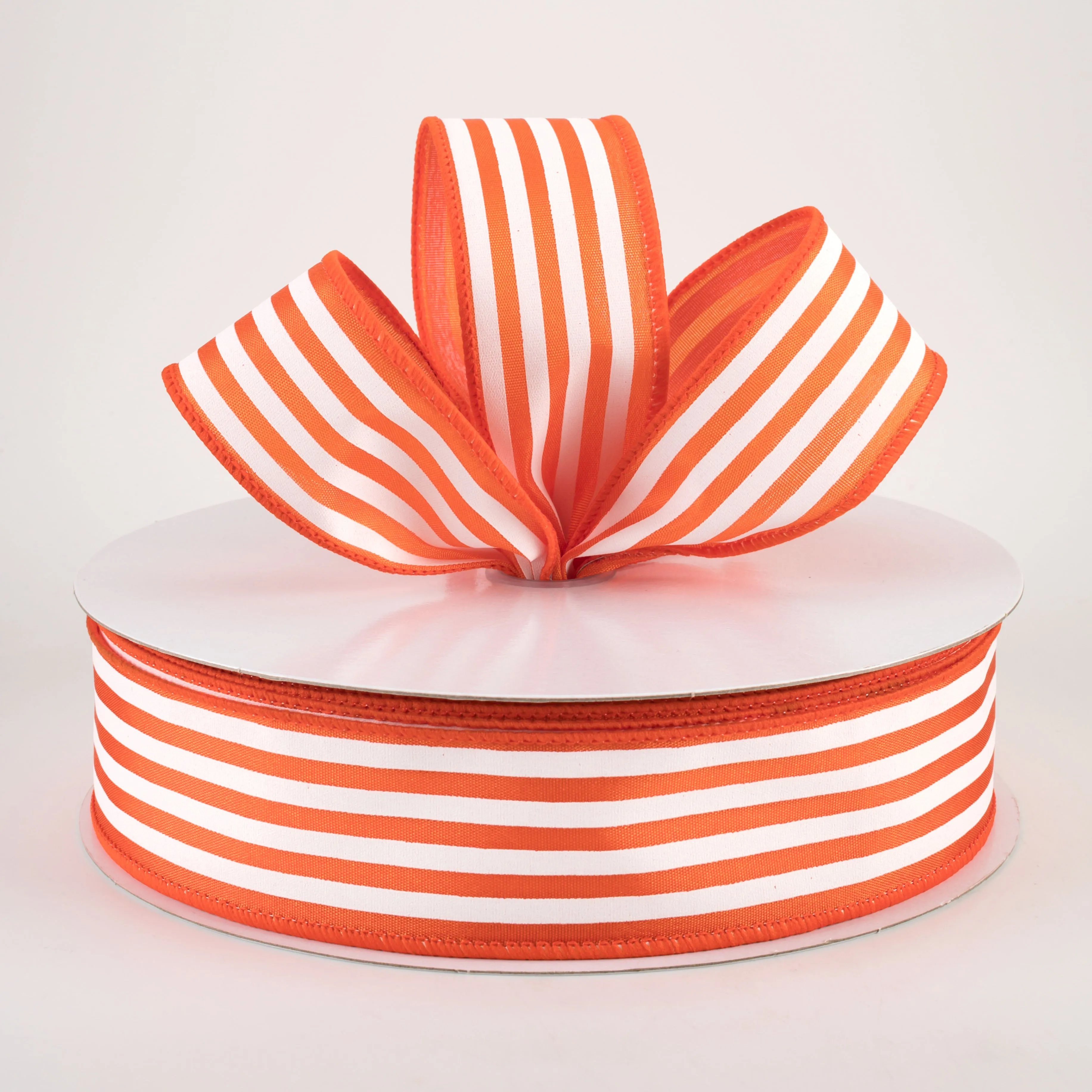 1.5" Cabana Stripes Ribbon: White on Orange Satin (50 Yards)