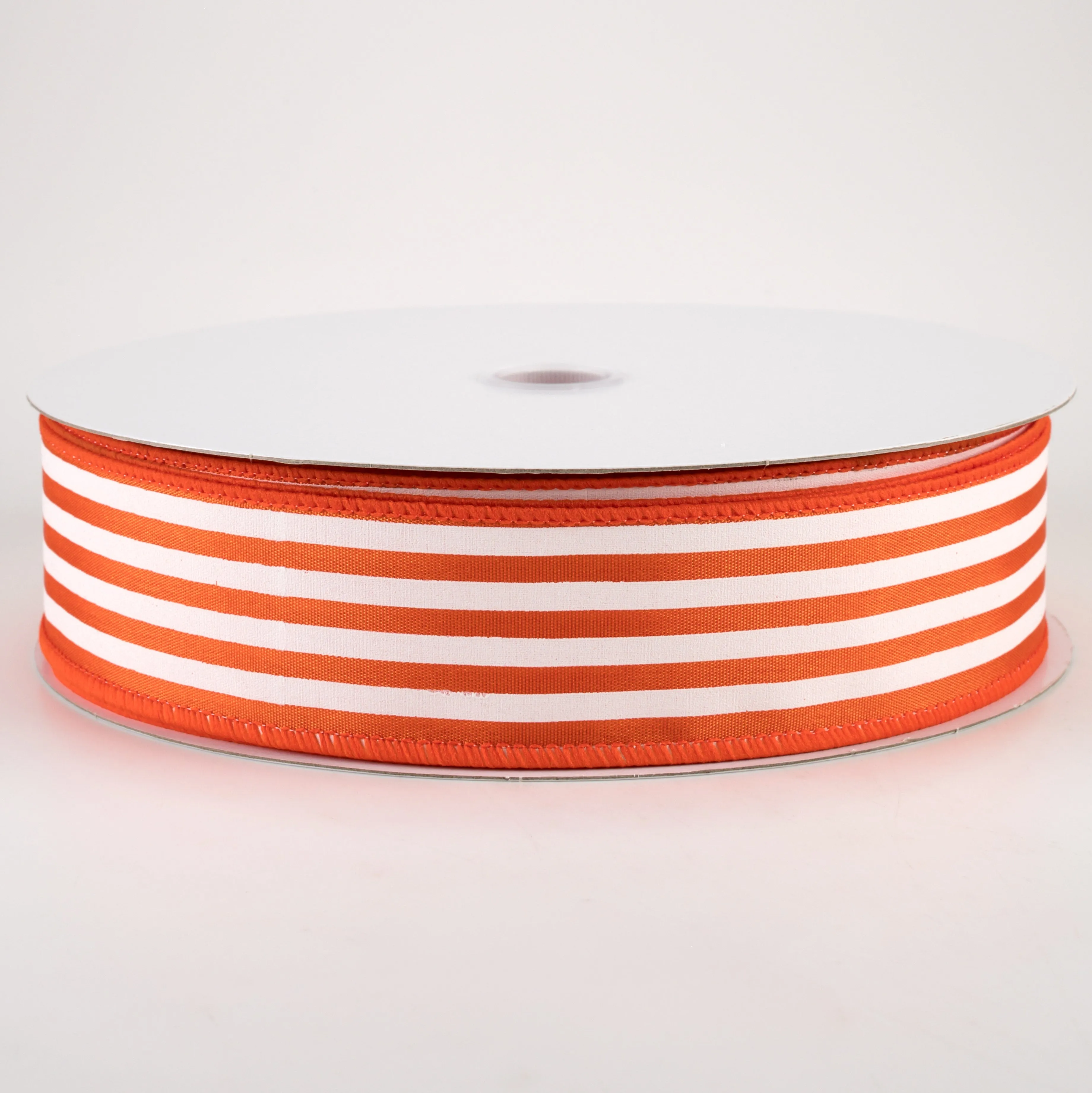 1.5" Cabana Stripes Ribbon: White on Orange Satin (50 Yards)