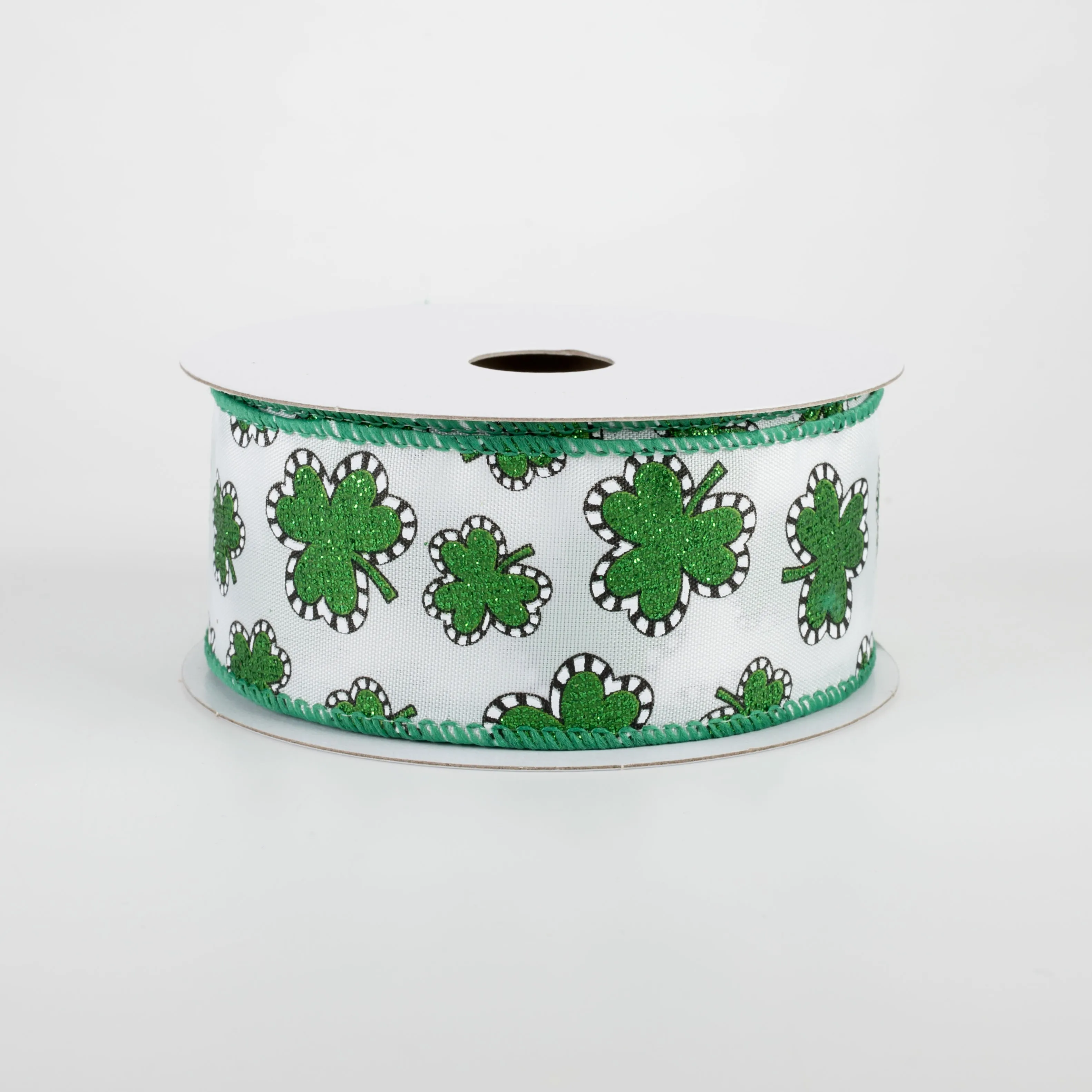 1.5" Dashed Edge Glitter Shamrock Ribbon: White (10 Yards)