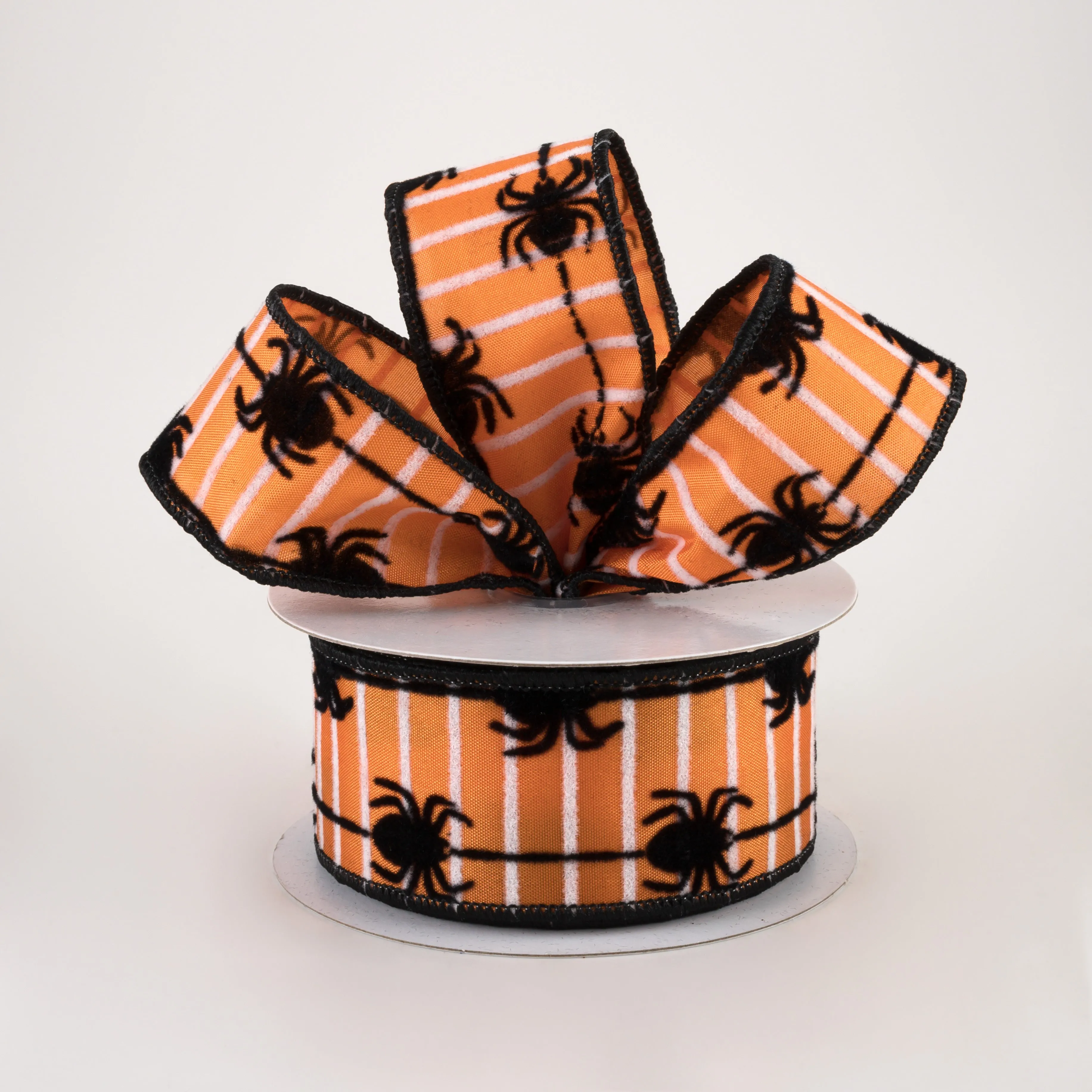 1.5" Flocked Spiders Stripe Ribbon: Orange & Black (10 Yards)