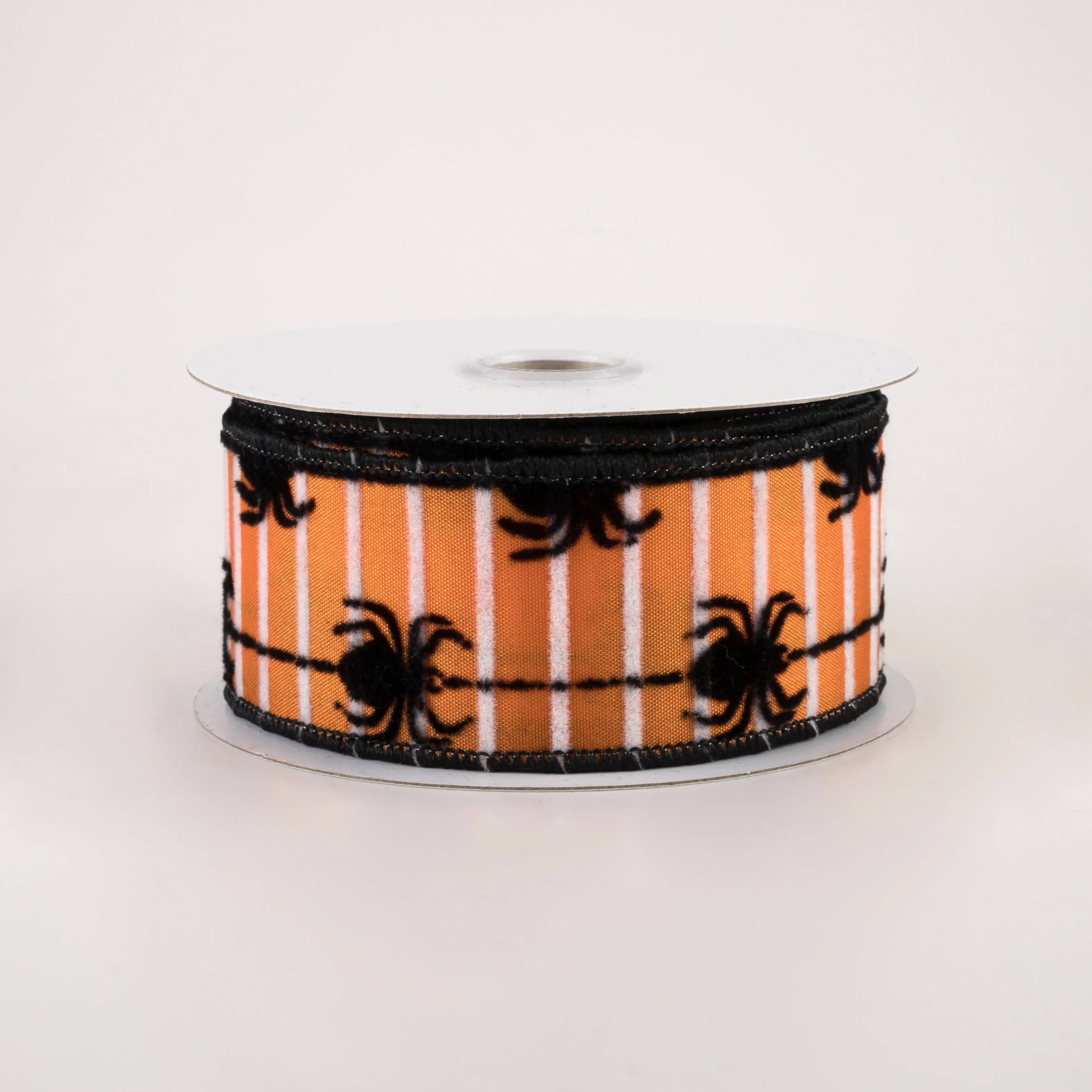 1.5" Flocked Spiders Stripe Ribbon: Orange & Black (10 Yards)