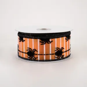 1.5" Flocked Spiders Stripe Ribbon: Orange & Black (10 Yards)