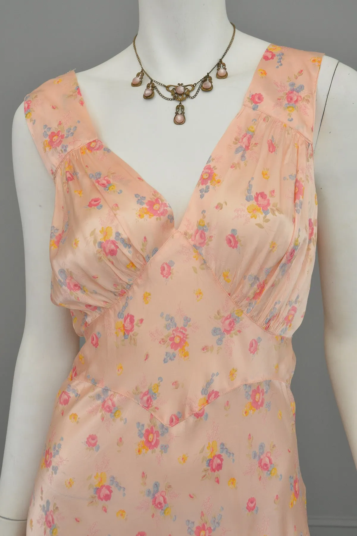 1930s Peach Floral Print Negligee Slip Dress