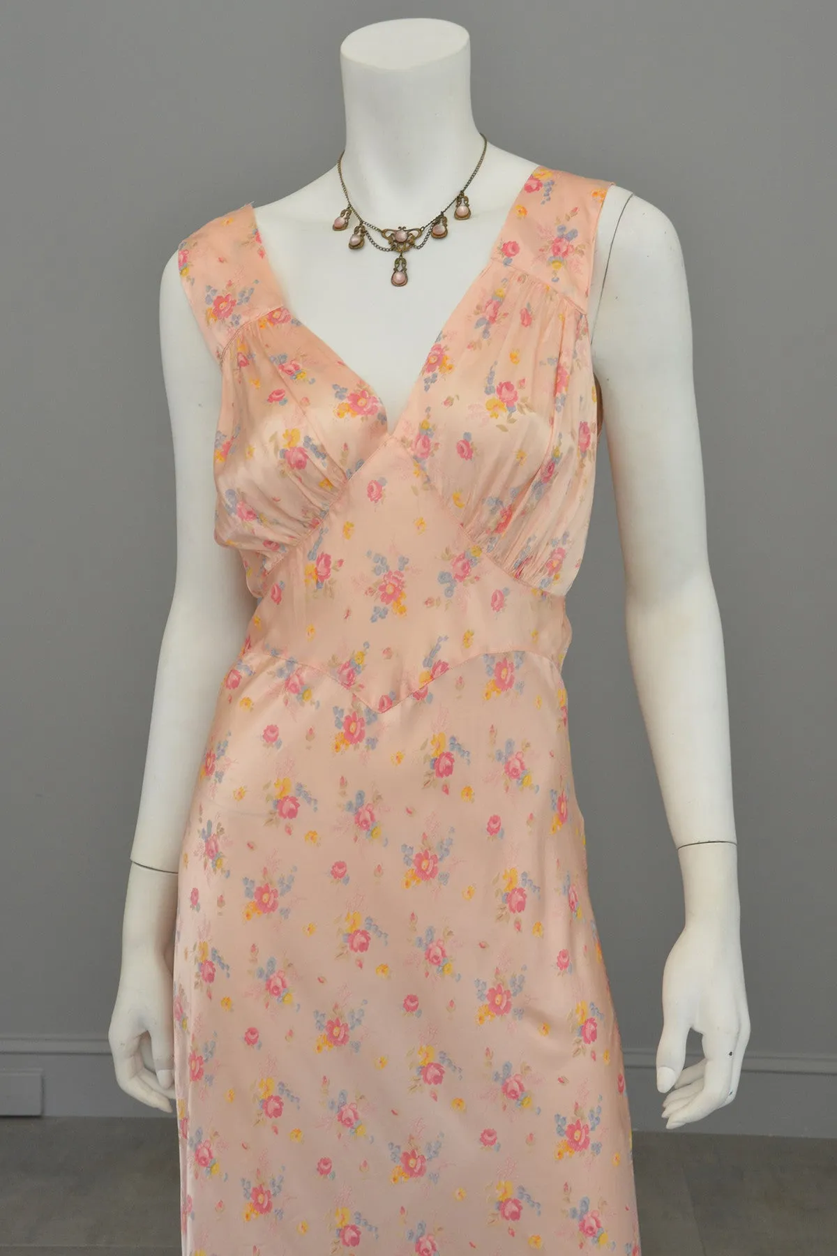 1930s Peach Floral Print Negligee Slip Dress