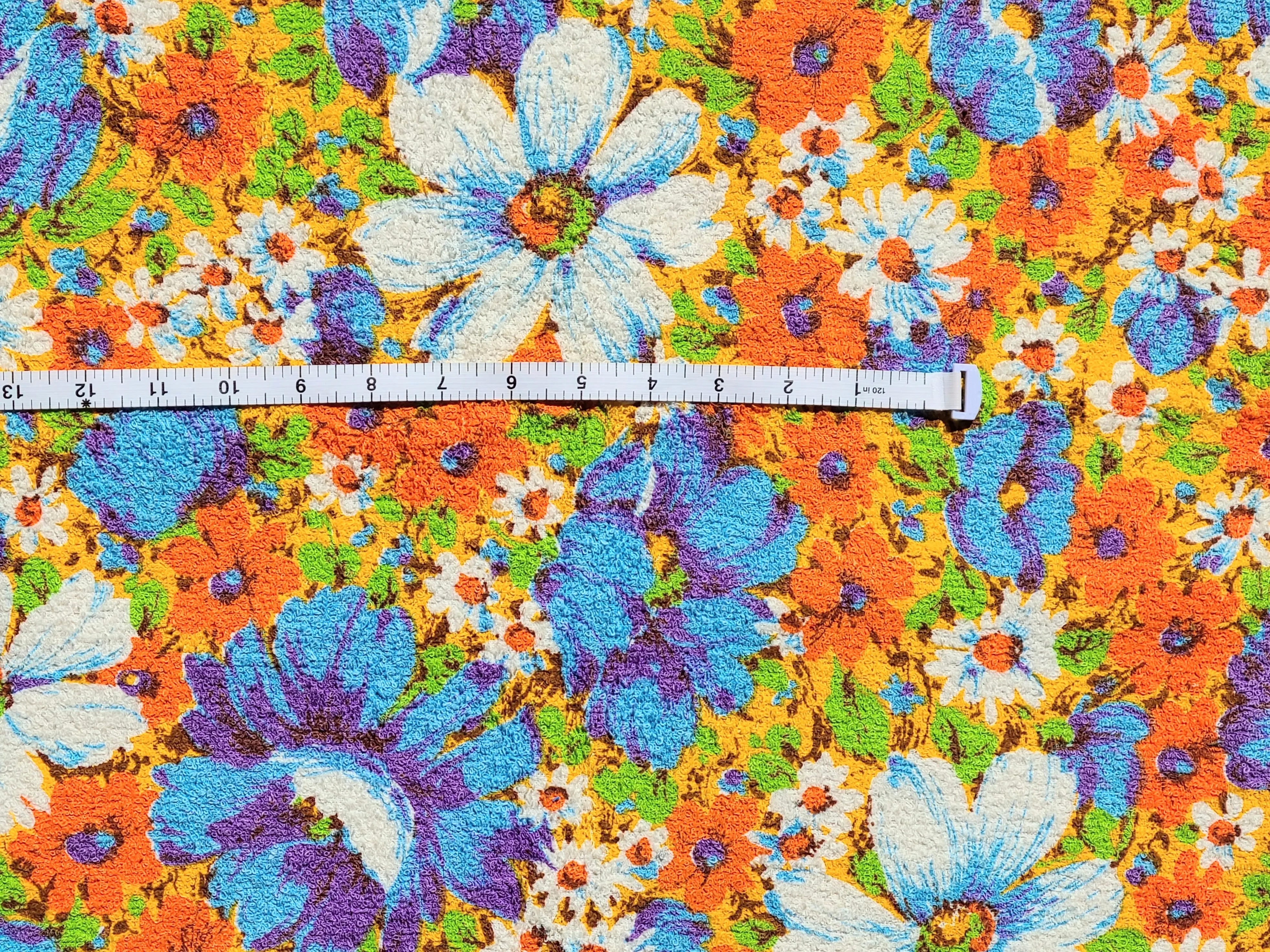 1960s 1970s Retro Fabric - Cotton - Terrycloth - Vibrant Floral - Fabric Remnant - 6TR62