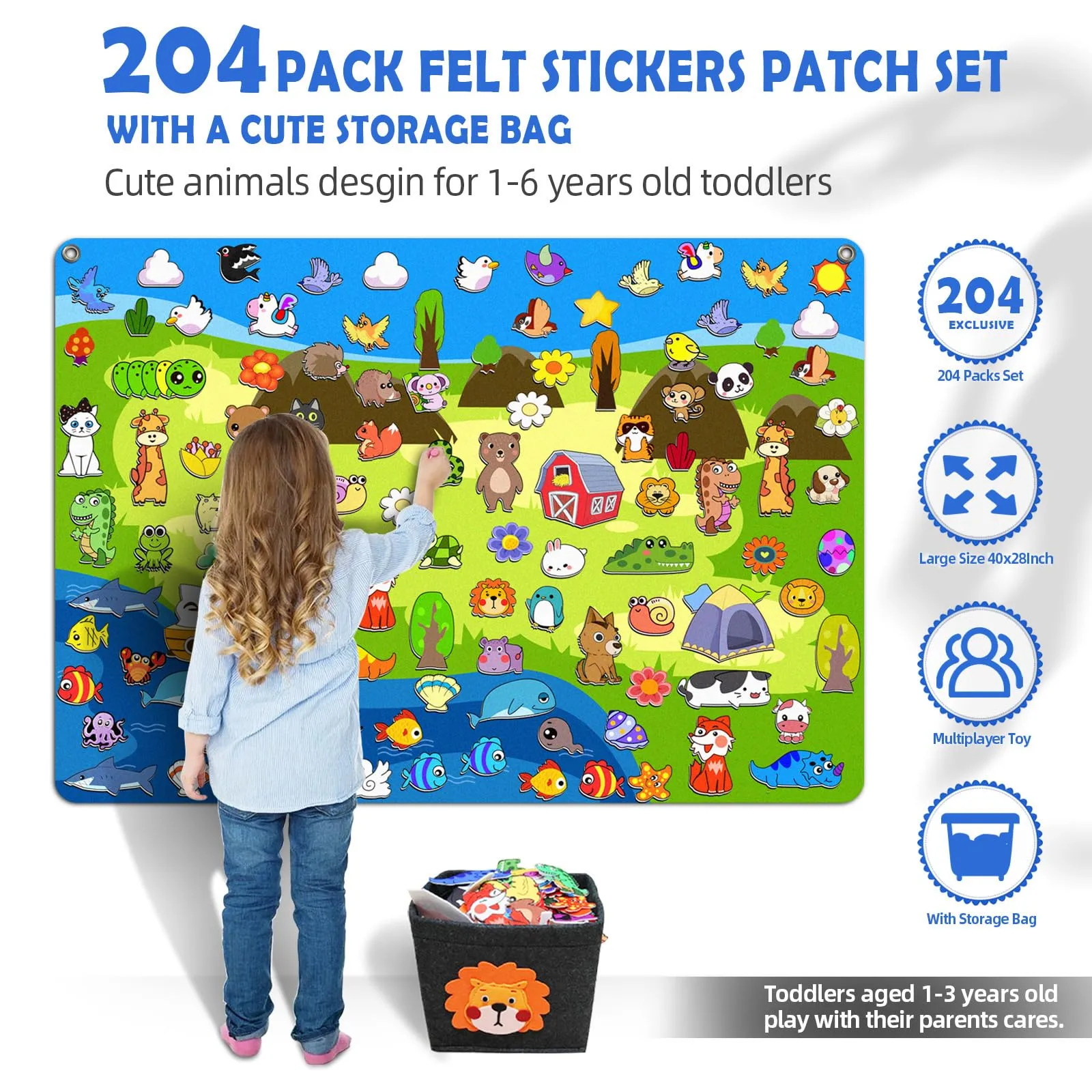 204Pcs Animals Felt Busy Board Story Set with Storage Bag Preschool Large Wall Storyboard Forest Themed Early Learning Interactive Play Kit Wall Hanging Gift for Toddlers Kids 40 X 28 Inch