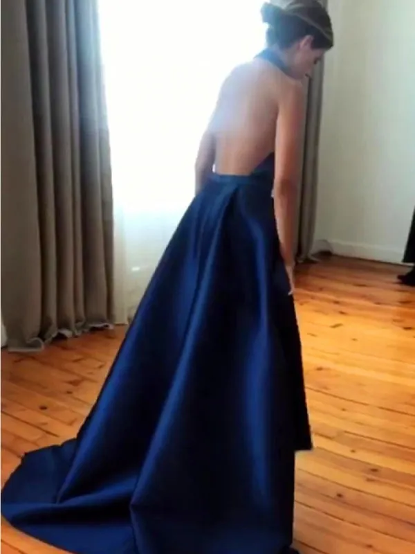 A Line Halter V Neck Backless Royal Blue Prom with High Slit, V Neck Royal Blue Formal, Royal Blue Backless Evening