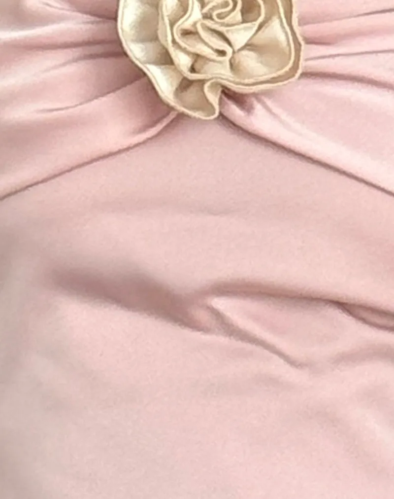 Astrum Satin Bandeau Top in Pink with Ivory Rose