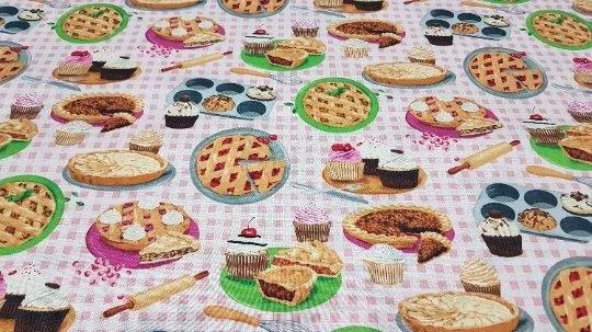 Baked Goods Pie Fabric on Gingham Background