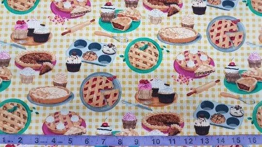 Baked Goods Pie Fabric on Gingham Background