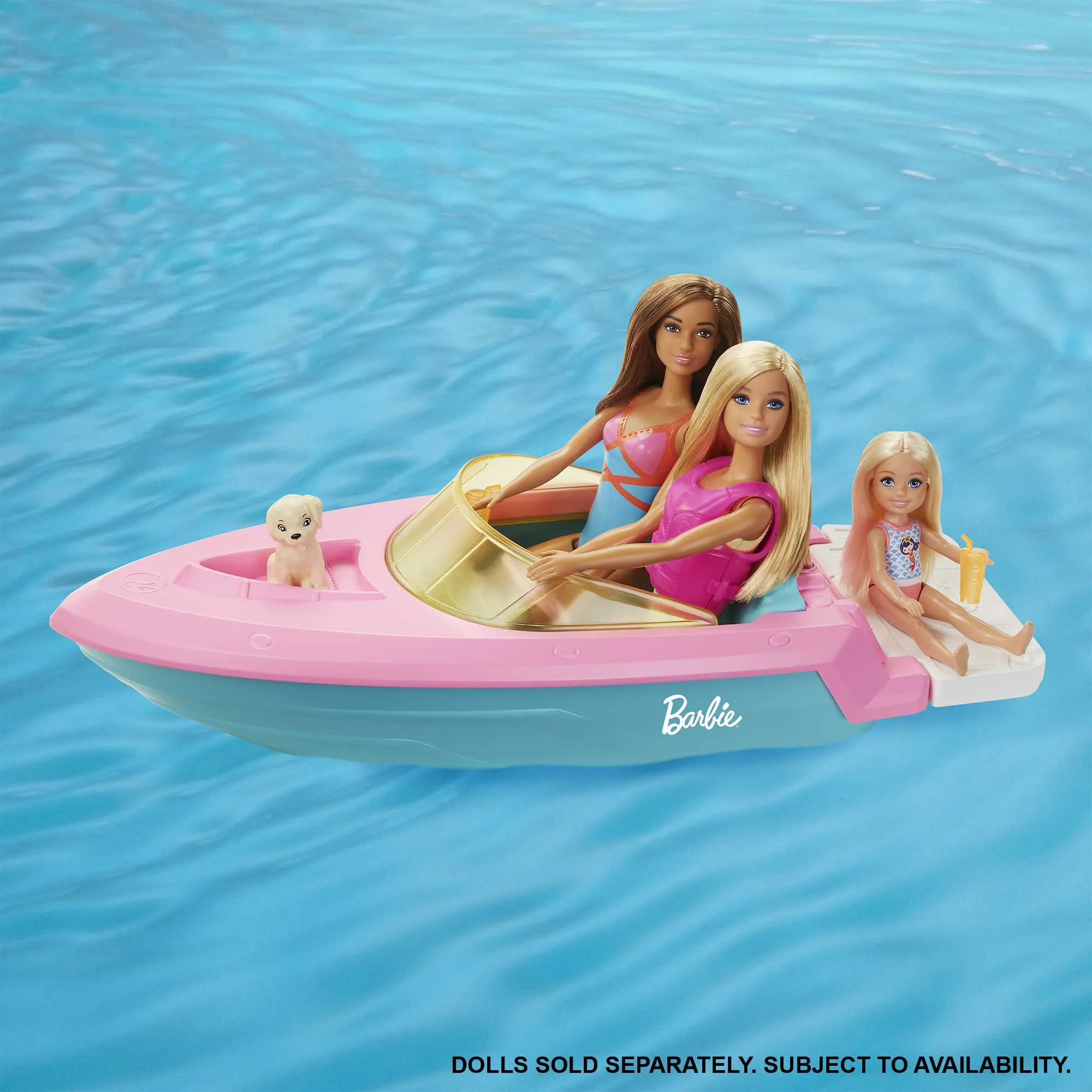 Barbie Boat With Puppy And Accessories, Fits 3 Dolls, Floats in Water, 3 To 7 Year Olds