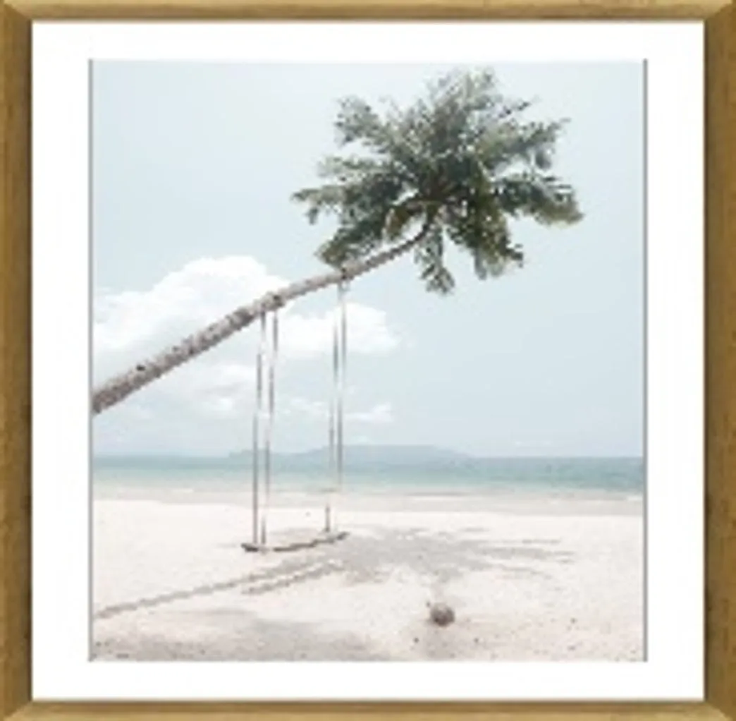 Beach Swing Glass Framed Print Oak Frame 120x80cm