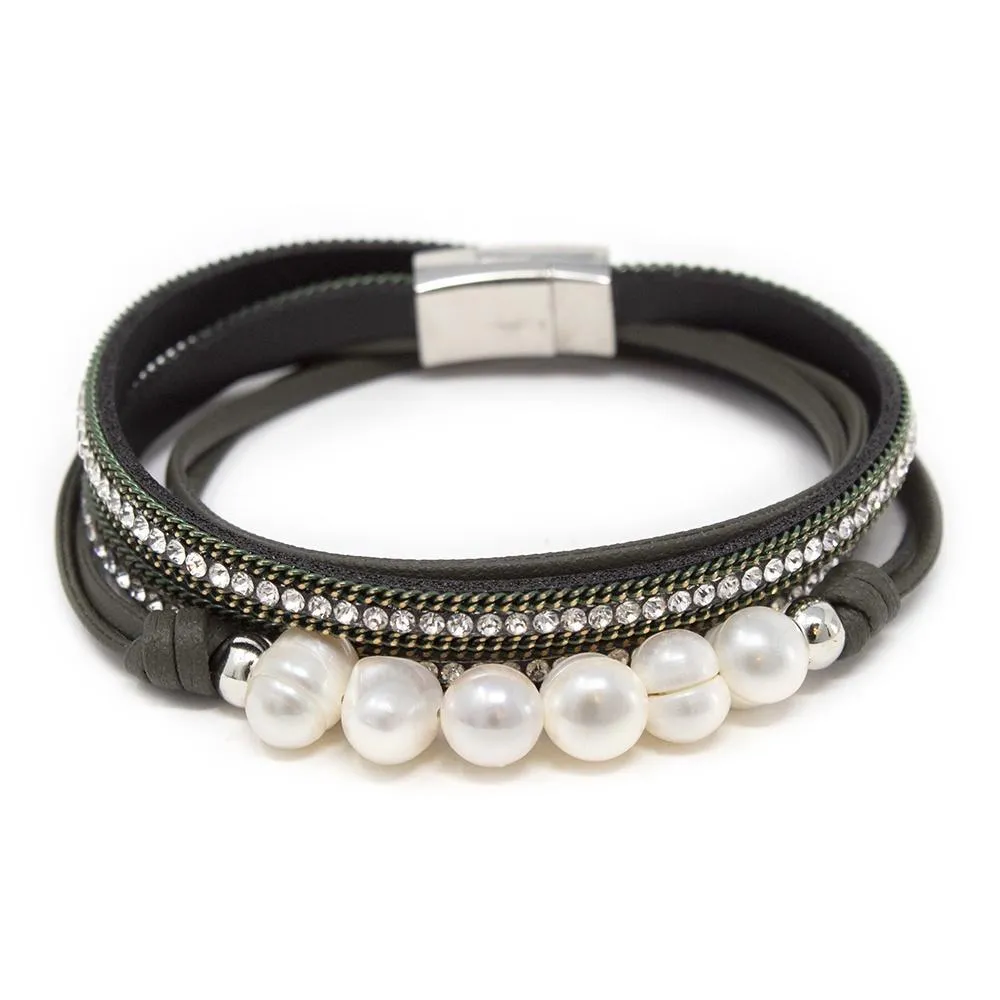 Bracelet Multi Strand Leather Bead Four Pearl Black