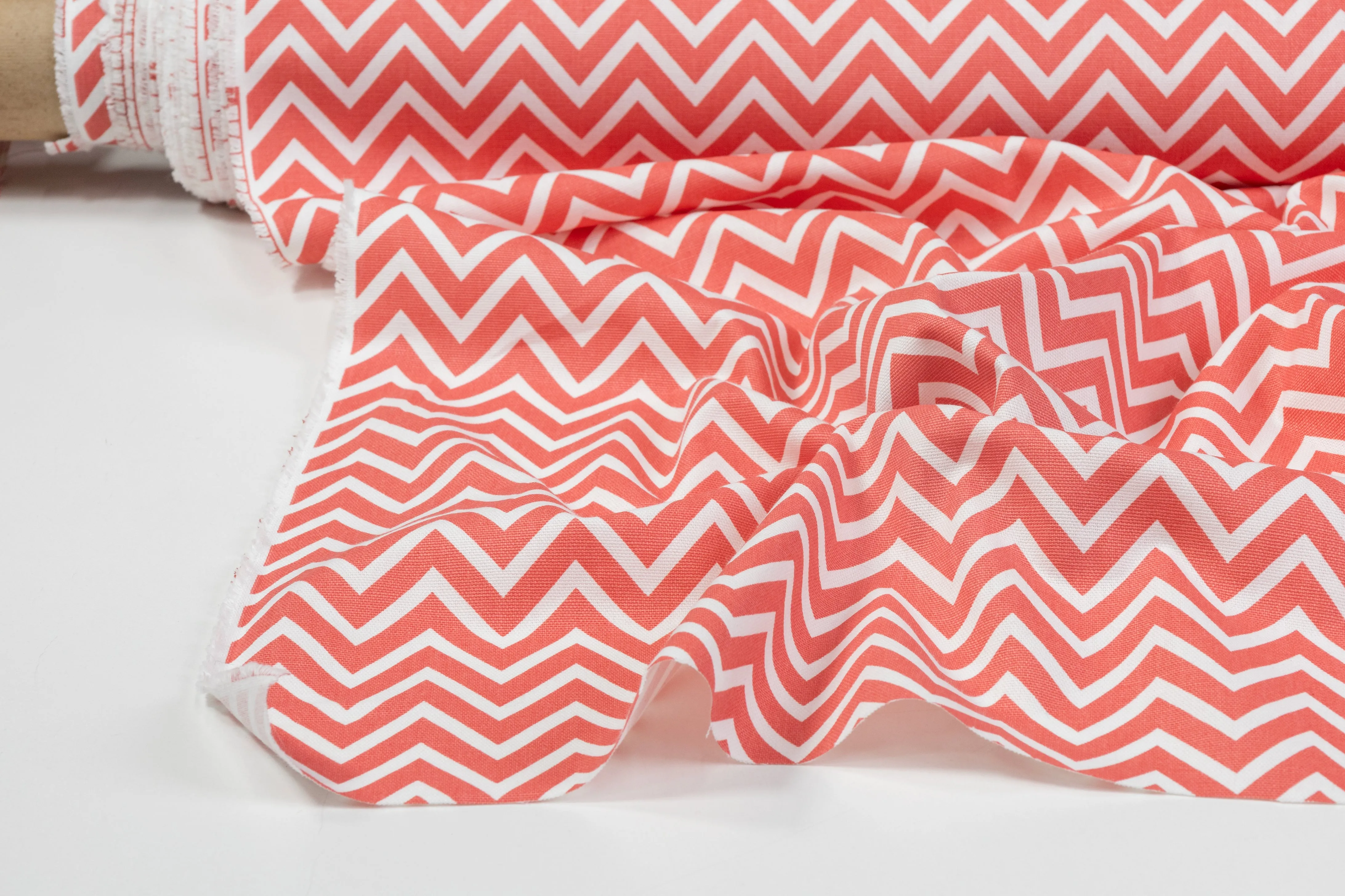 Chevron Printed Cotton Canvas - Coral / White