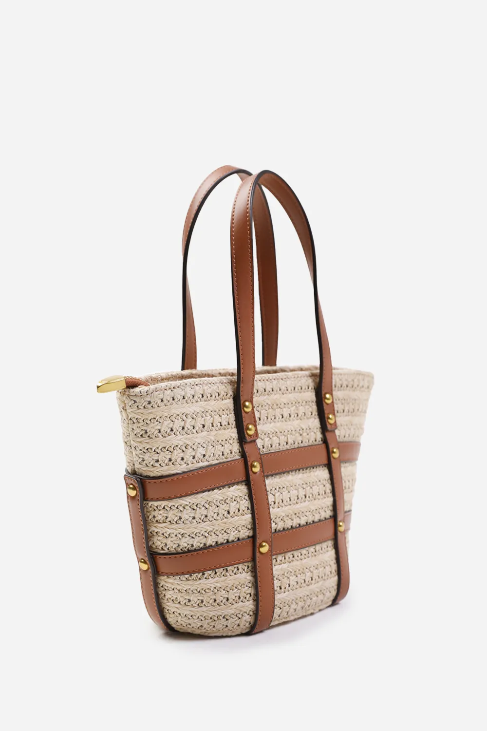 CIELO SMALL RAFFIA BAG WITH STUDD DETAIL AND CROSS BODY STRAP IN TAN