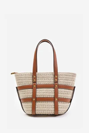 CIELO SMALL RAFFIA BAG WITH STUDD DETAIL AND CROSS BODY STRAP IN TAN