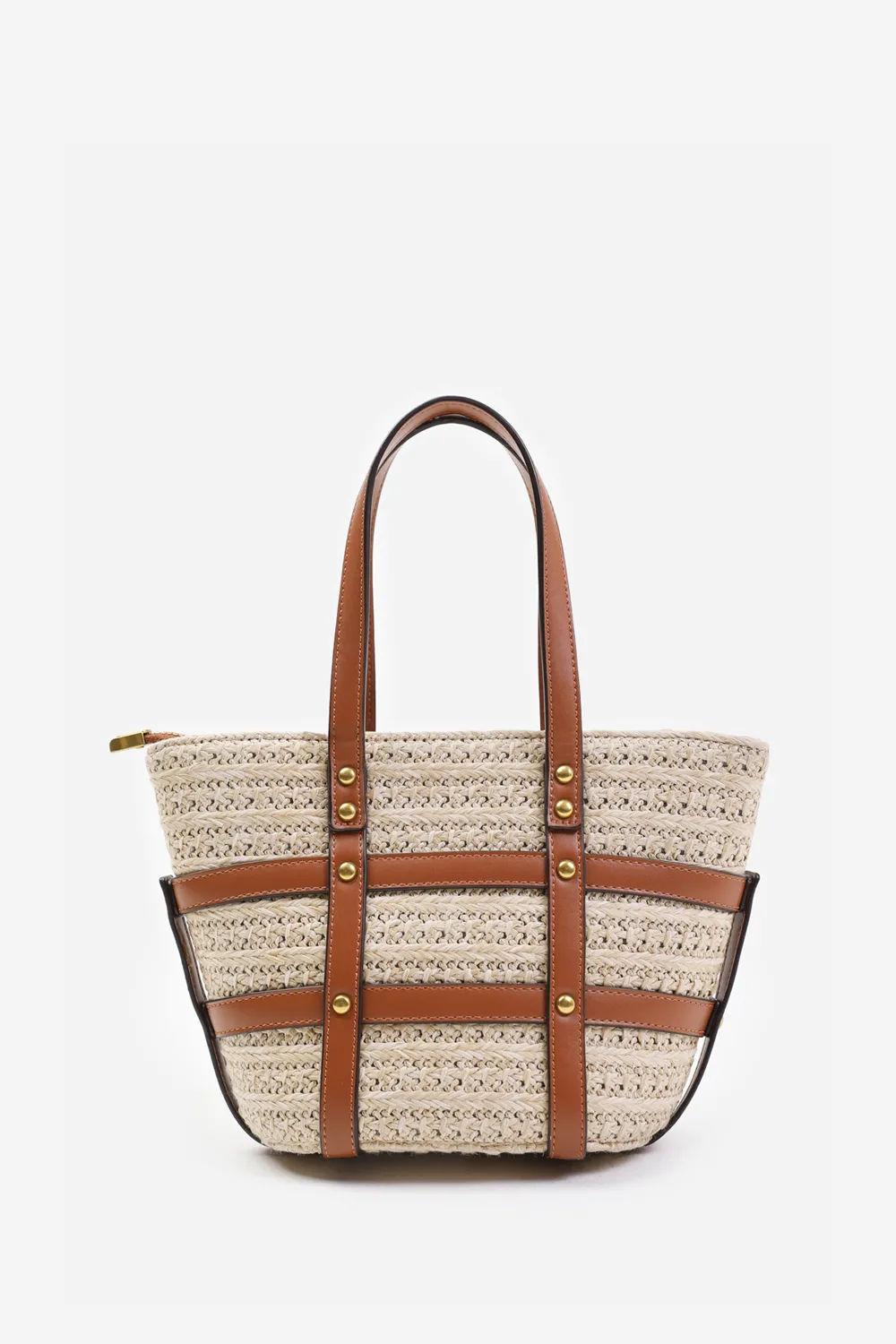 CIELO SMALL RAFFIA BAG WITH STUDD DETAIL AND CROSS BODY STRAP IN TAN