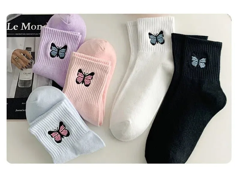 Colorful Butterfly Embroidery Socks - Set of 5 Pairs