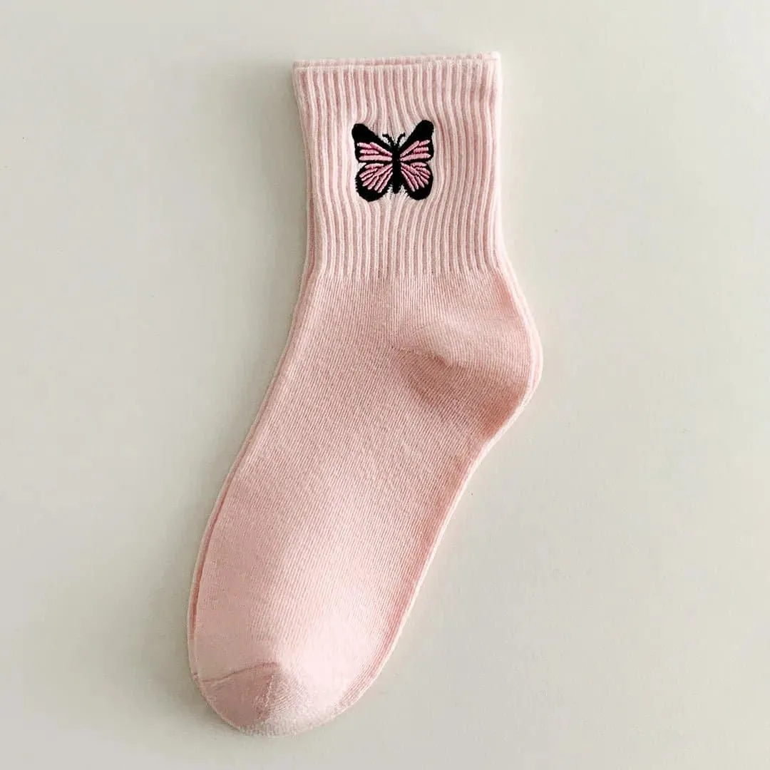 Colorful Butterfly Embroidery Socks - Set of 5 Pairs