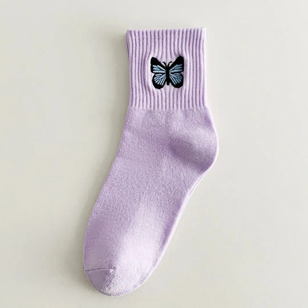 Colorful Butterfly Embroidery Socks - Set of 5 Pairs