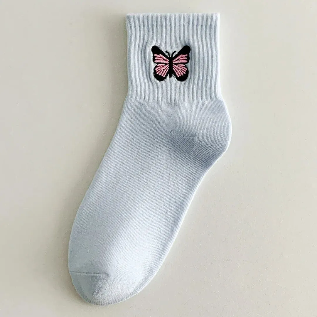 Colorful Butterfly Embroidery Socks - Set of 5 Pairs