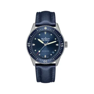 Fifty Fathoms Bathyscaphe SS 38mm - Blue Bezel w/ Blue Dial on Sail-canvas Strap