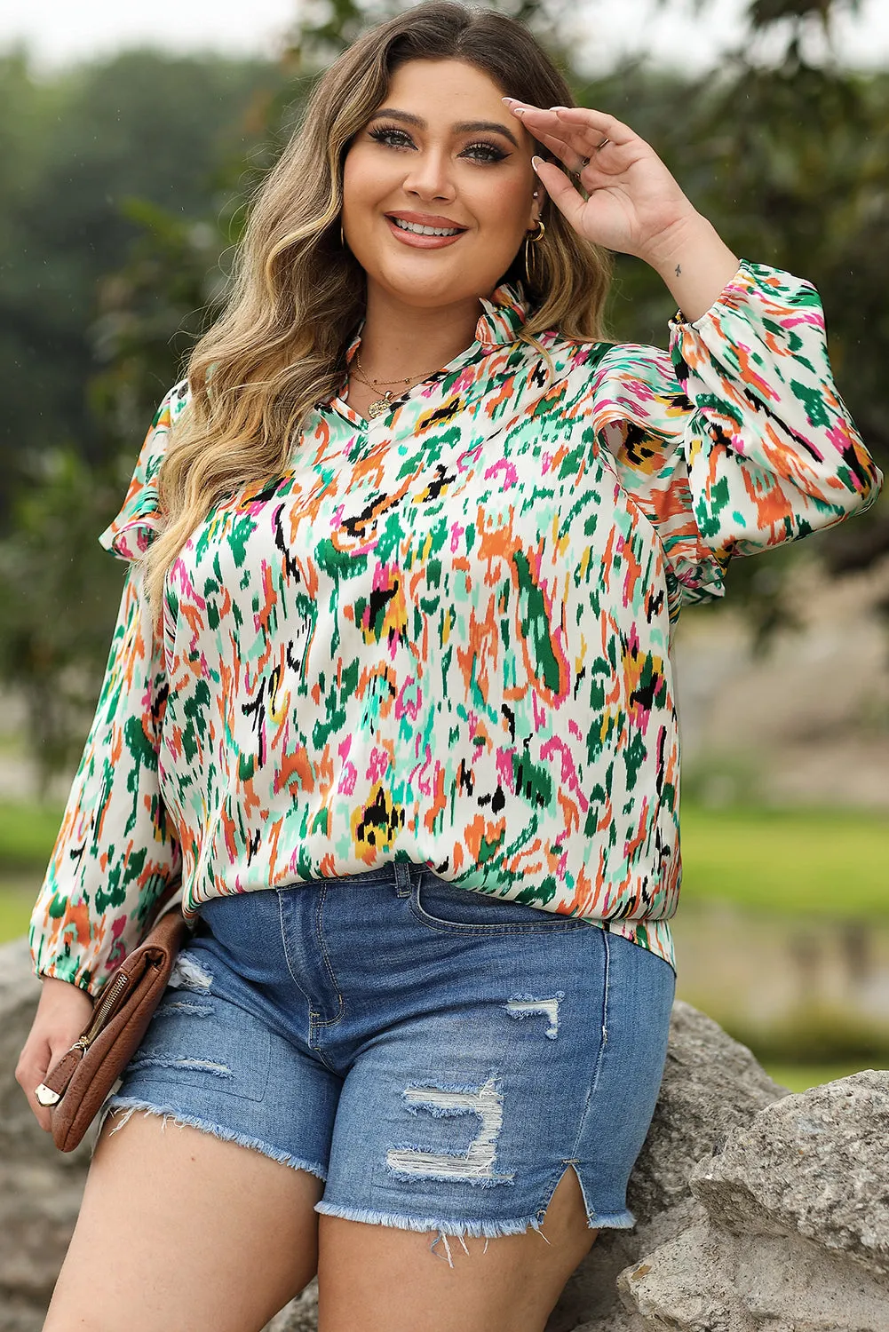 Multicolor Abstract Print Ruffled V Neck Plus Size Blouse