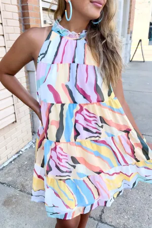 Multicolor Abstract Print Sleeveless Tiered Flowy Dress