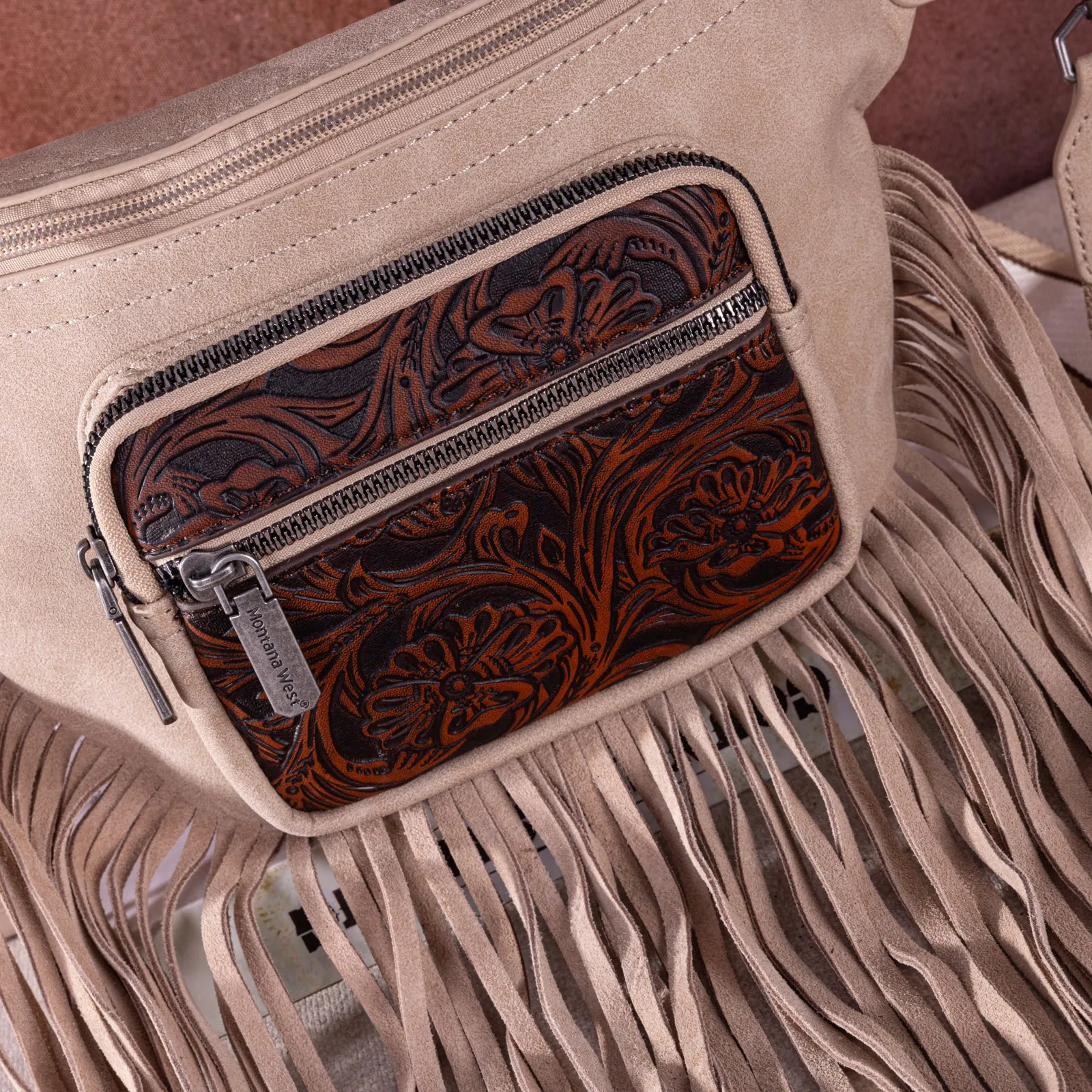 MW1276-194 Montana West Floral Tooled Fringe  Fanny Pack - Tan