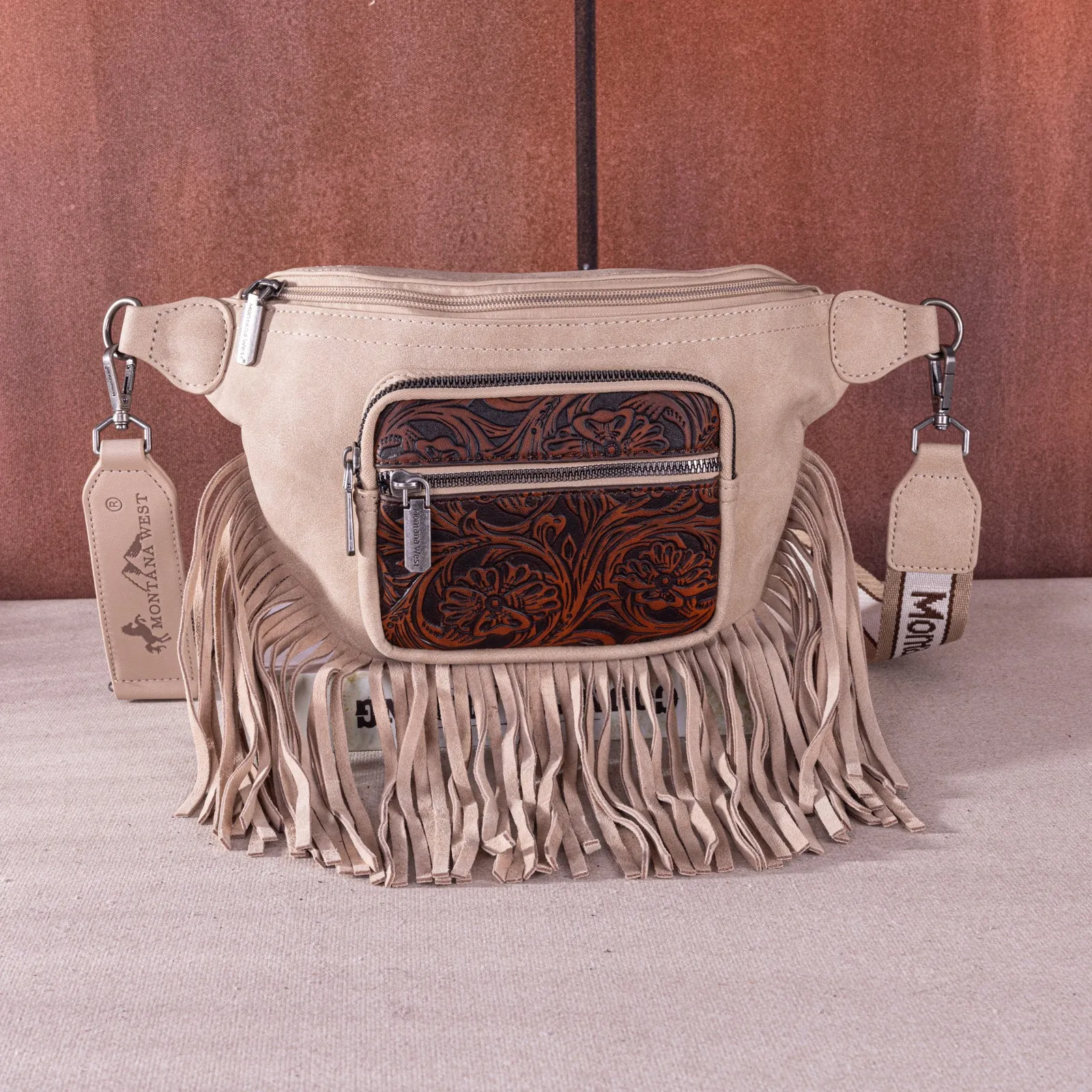 MW1276-194 Montana West Floral Tooled Fringe  Fanny Pack - Tan