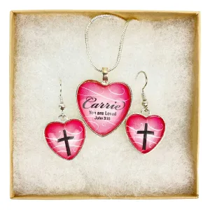 Personalized "You Are Loved" John 3:16 Pink Heart Scripture Pendant Necklace & Cross Earrings Set