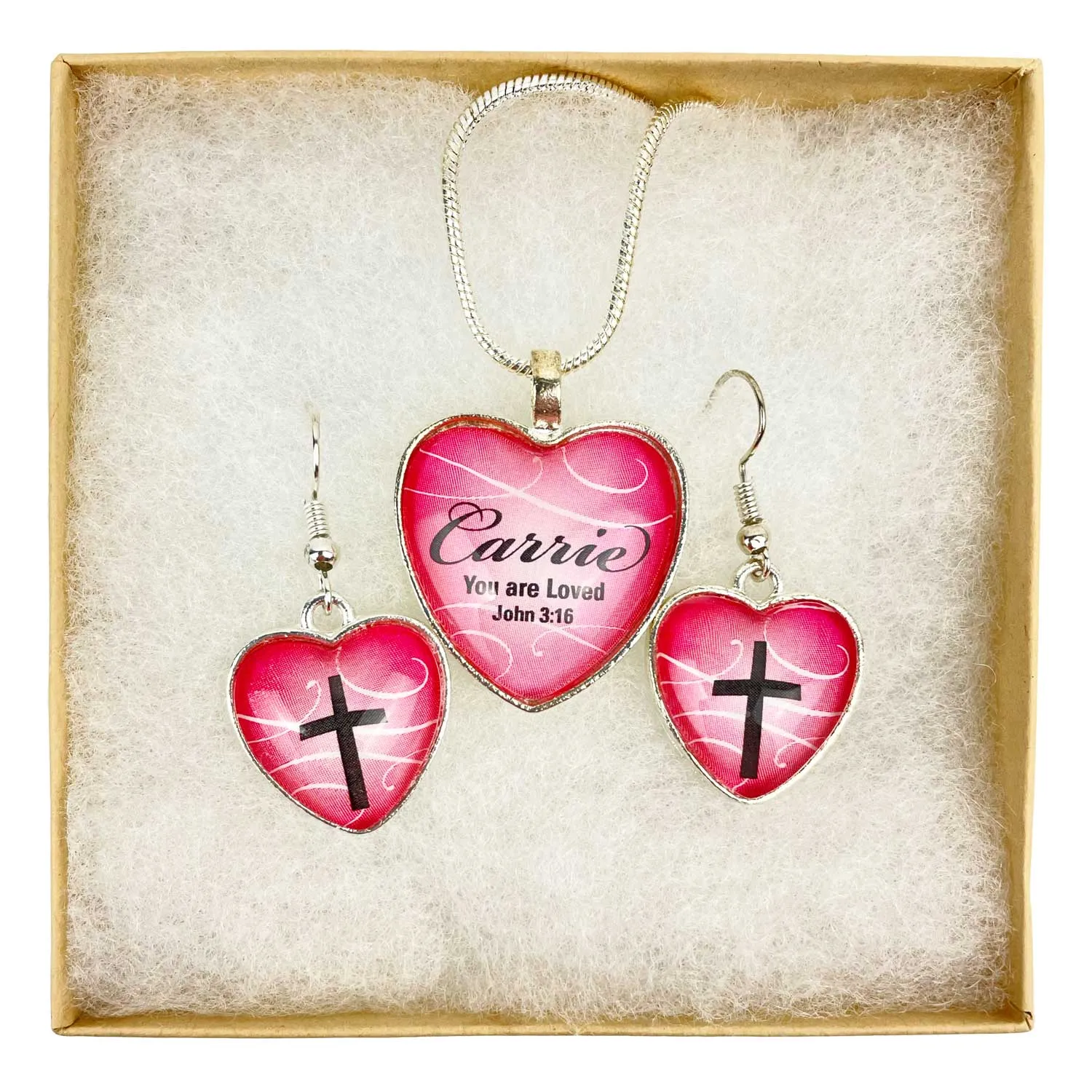 Personalized "You Are Loved" John 3:16 Pink Heart Scripture Pendant Necklace & Cross Earrings Set