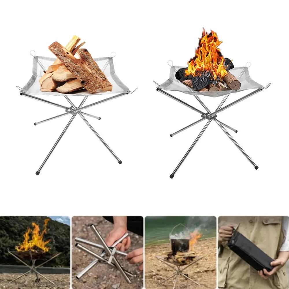 Portable Outdoor Fire Pit Grill Collapsing Steel Mesh Fire Stand Stainless Steel Foldable Mesh Fire Pit Outdoor  BBQ Tools