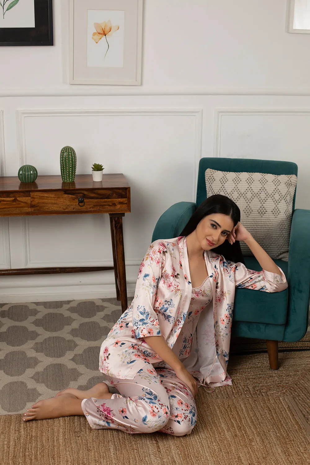 Printed Satin PJ set with robe