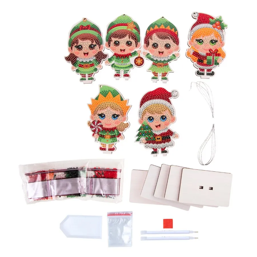 "Christmas Elves" Crystal Art Decorations Set of 6